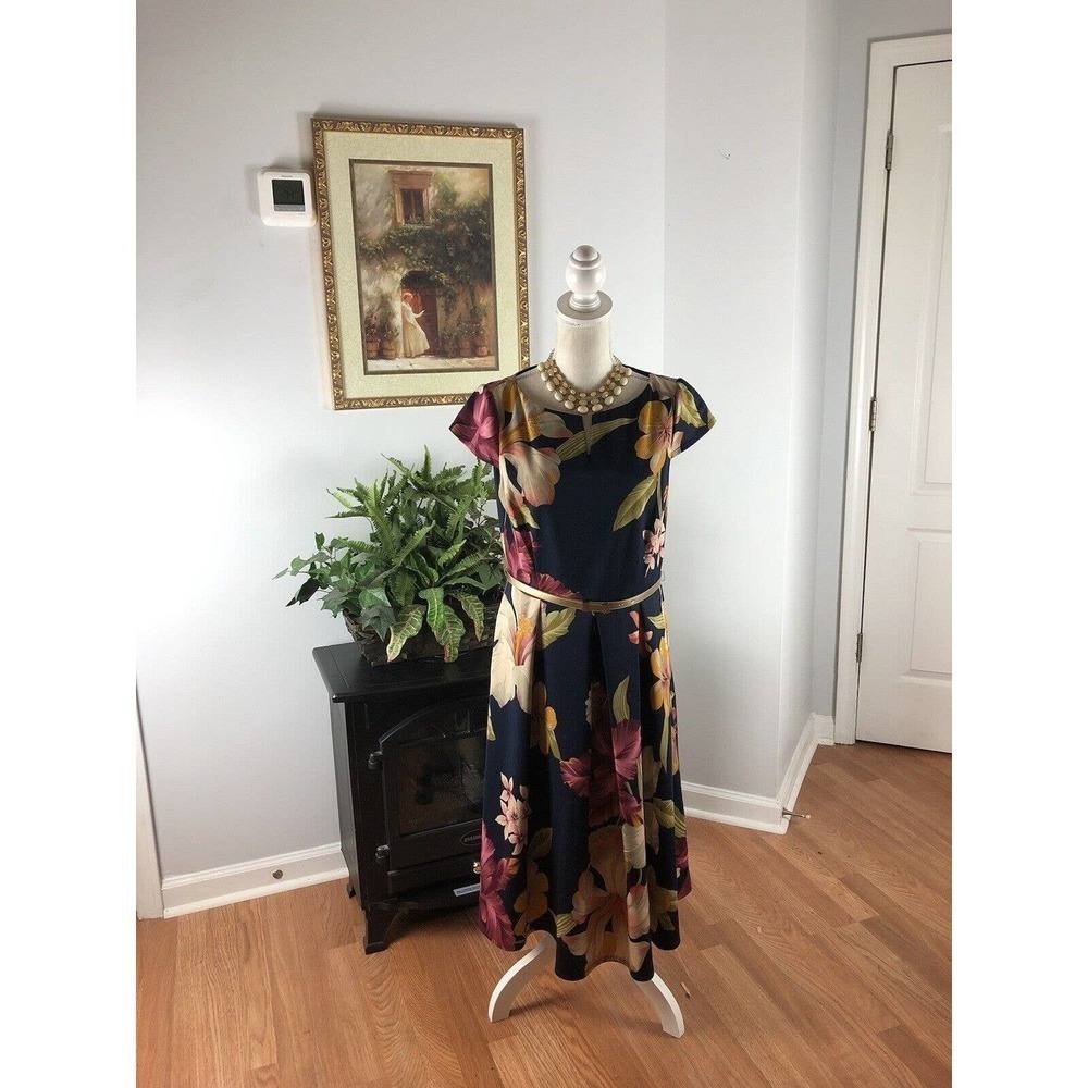 RM LL Dress Women's Size 10 Multicolored Floral Cap Sleeve Notch Neck Sheath